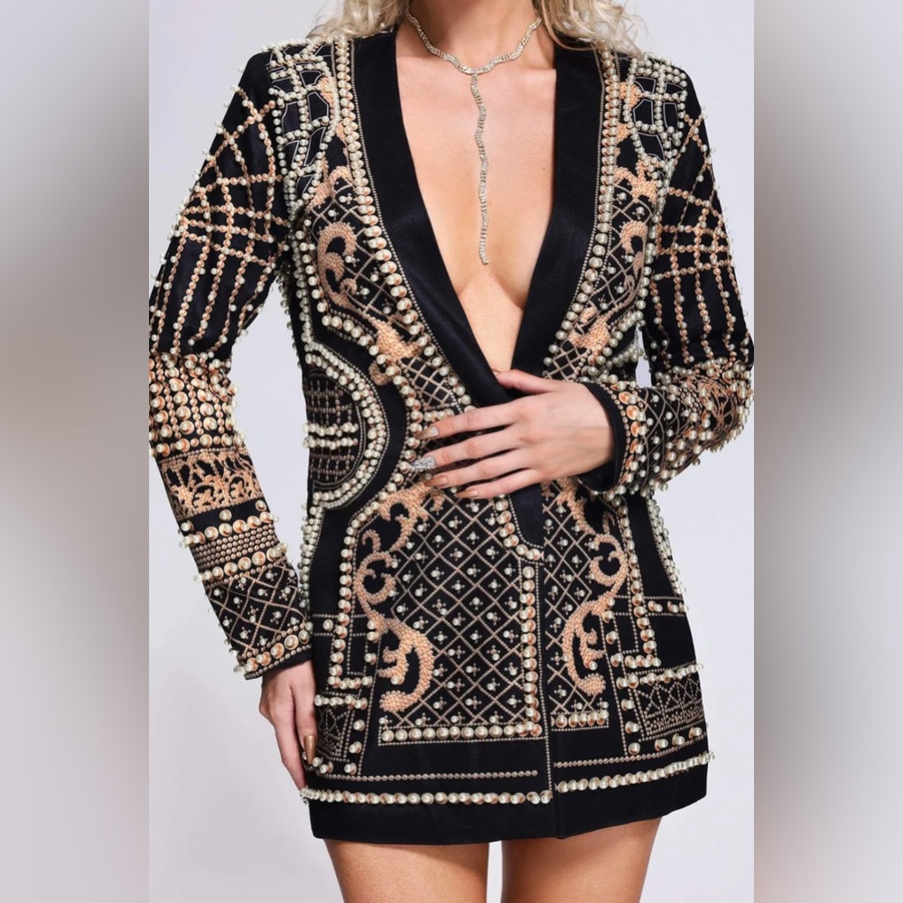 Black Embellished Blazer Jacket with Gold & Pearl Detailing